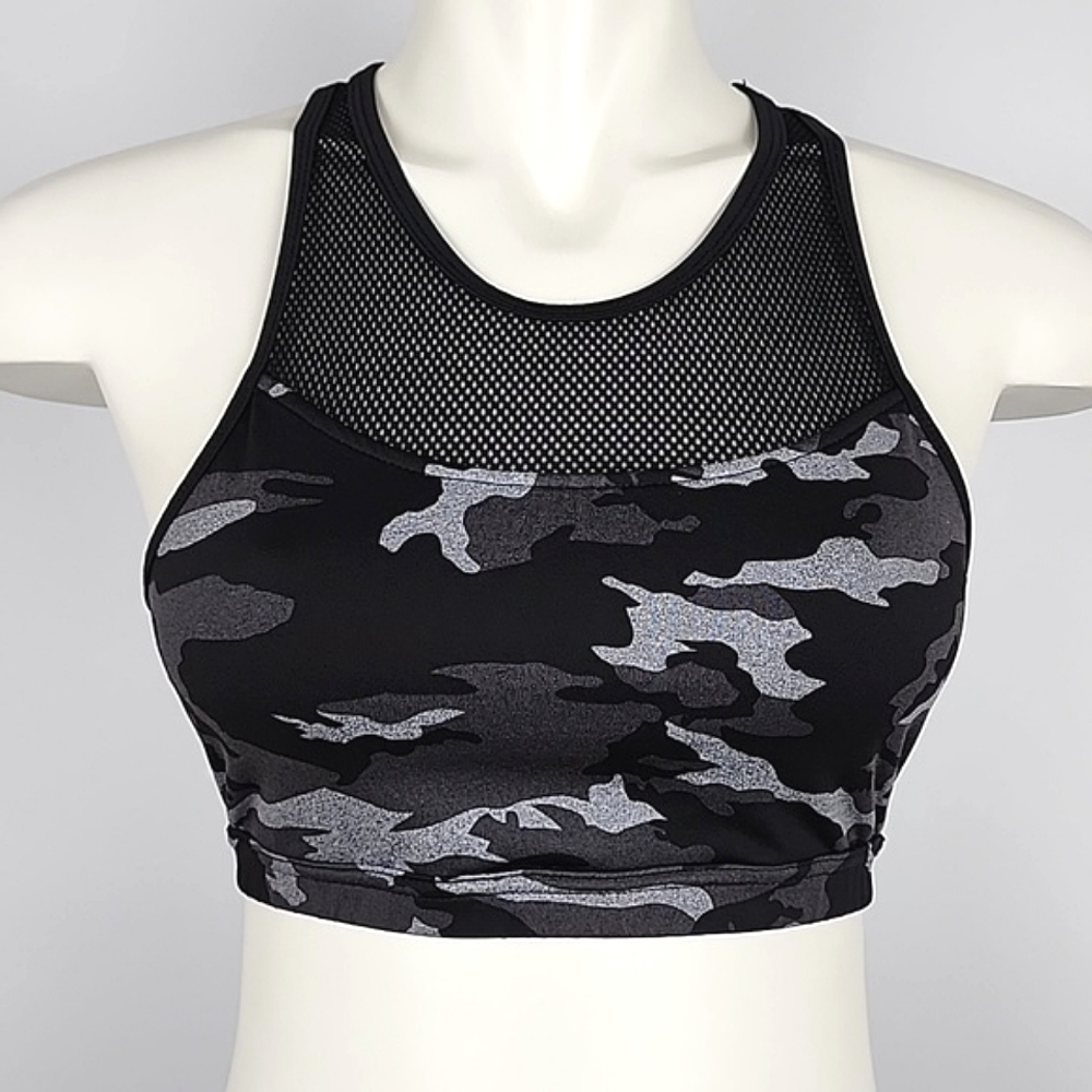 Unbranded Women's Black Grey Camo High Neck Mesh Racerback Sports Bra M